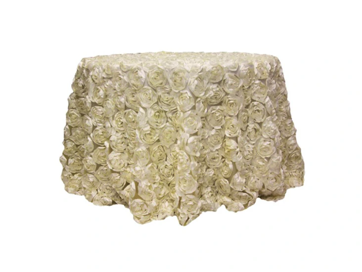 120" round satin mini rosette on mesh ivory tablecloth