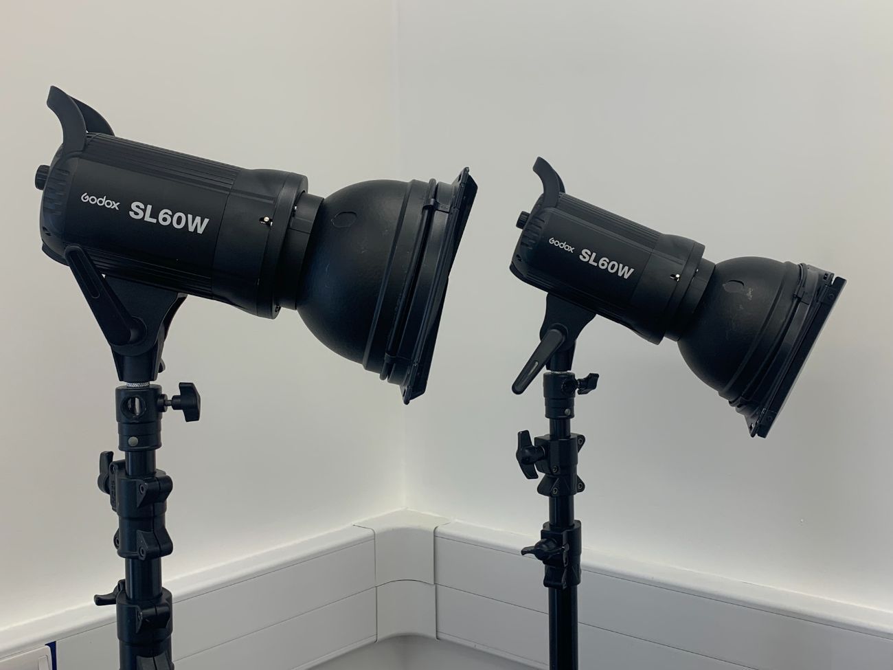 2 x godox sl-60w lights with gels, barn doors and softboxes