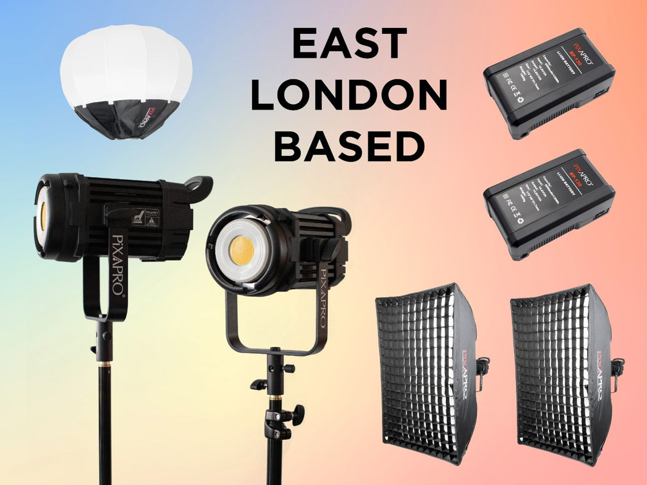 2 x pixapro led100b mkiii led studio lights + soft boxes & v-lock batteries (east london)