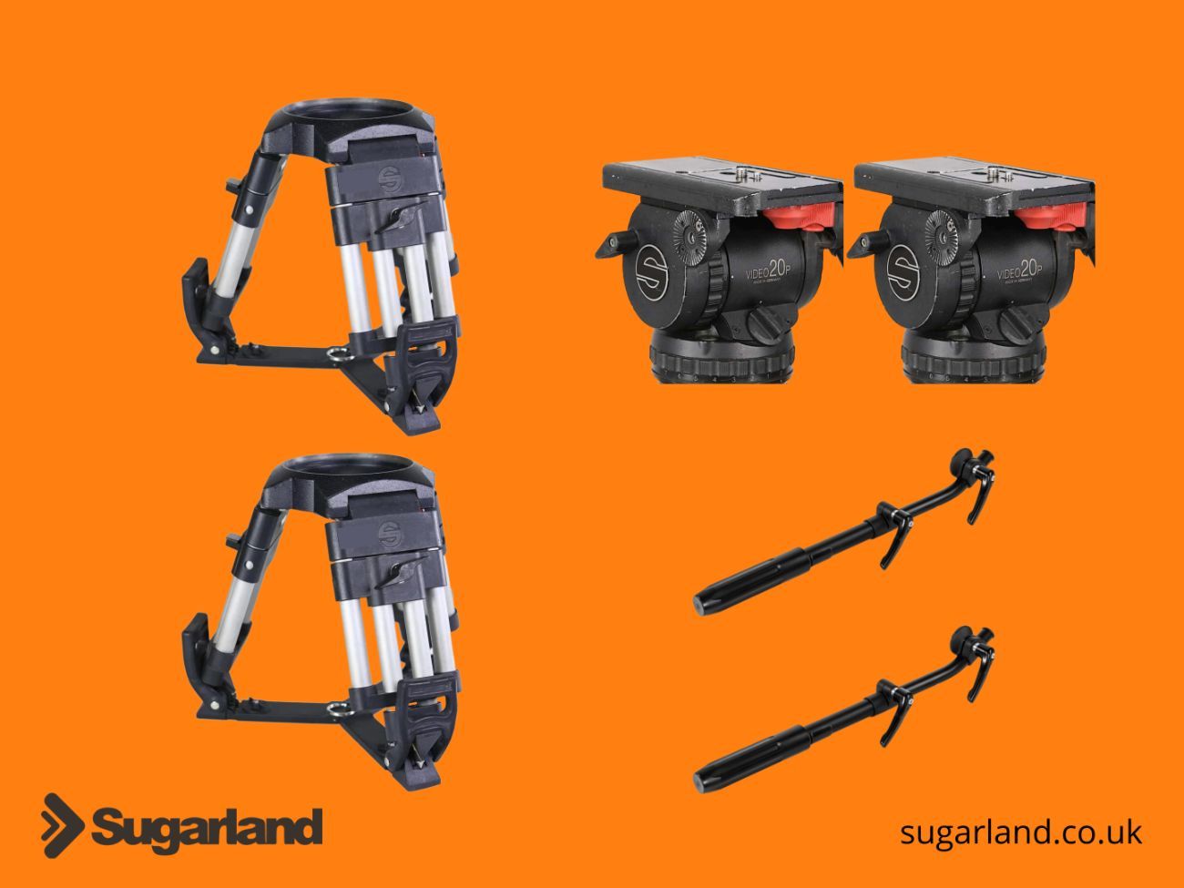 2 x sachtler 100mm baby legs tripod + 2 x head & pan bar