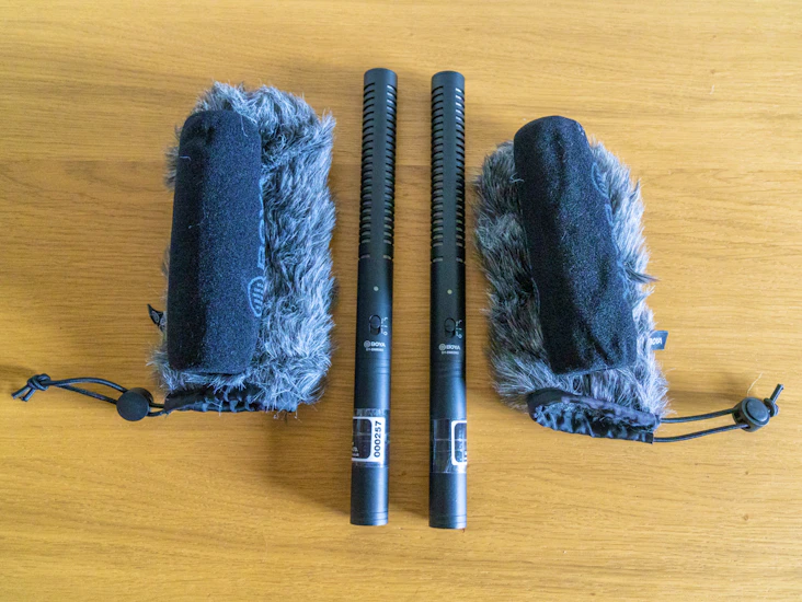 2 x shotgun mics with deadcats & shock mounts