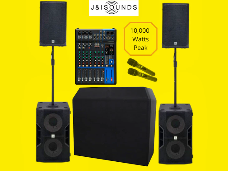 X2 active speakers (12"), x2 active subwoofers (12"), dj booth, mixer & microphones