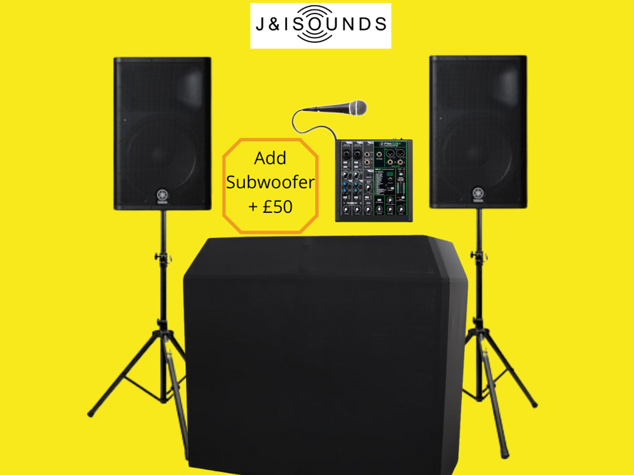 X2 active speakers (15"), mixer, wired microphone, dj booth + cables 