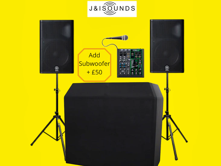 X2 active speakers (15"), mixer, wired microphone, dj booth + cables