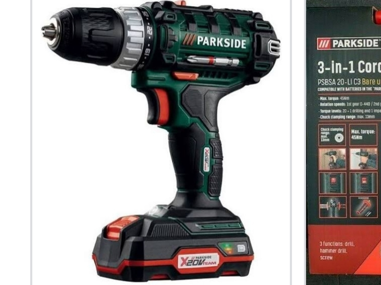 20v cordless drill incl battery, charger, drill bits case