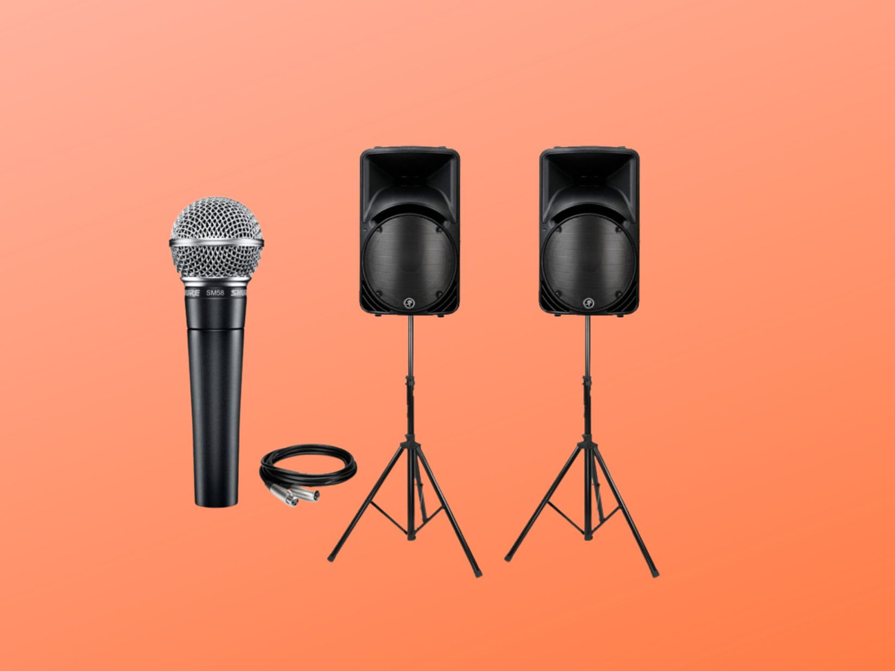 2x mackie 450 speakers + 1x shure sm58 wired microphone