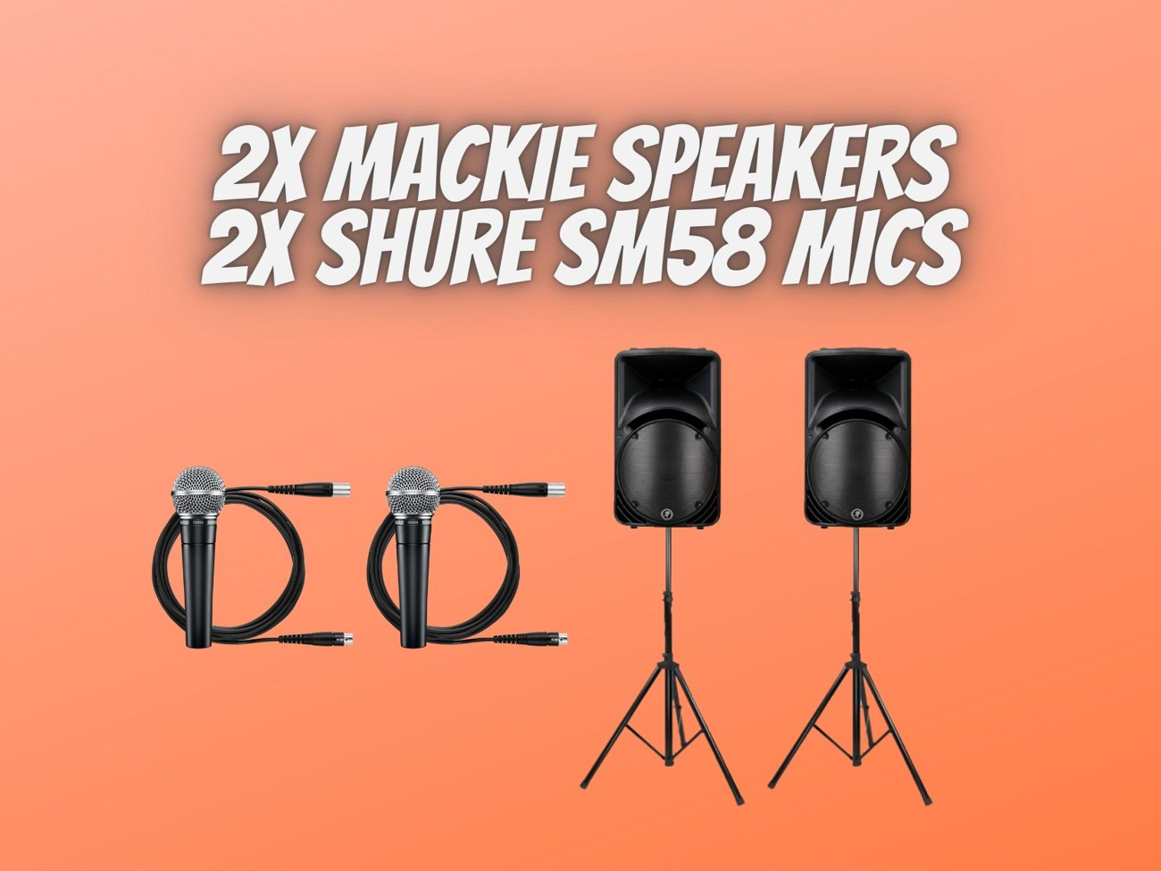 2x mackie 450 speakers + 2x shure sm58 wired microphone