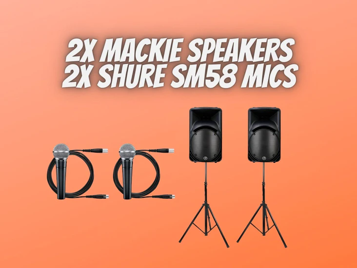 2x mackie 450 speakers + 2x shure sm58 wired microphone