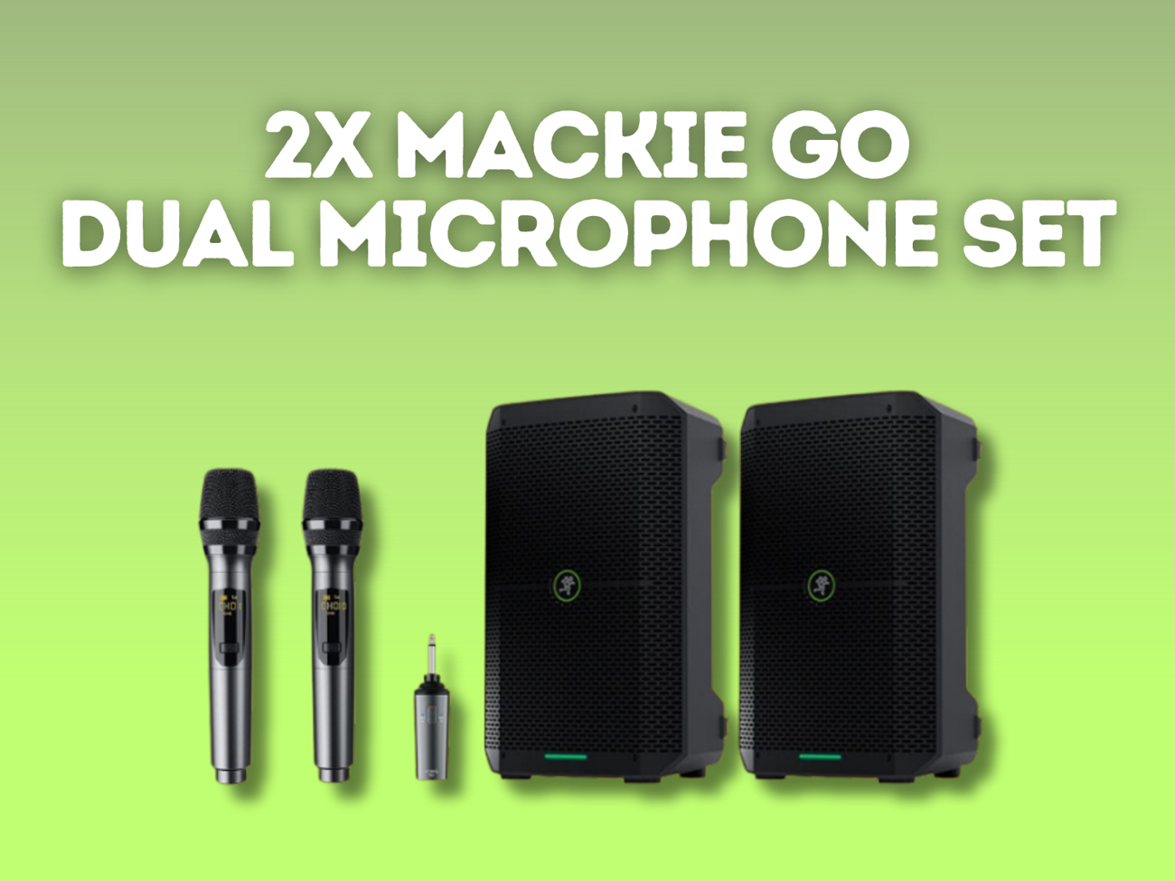 2x mackie go portable speakers + 2x wireless microphones