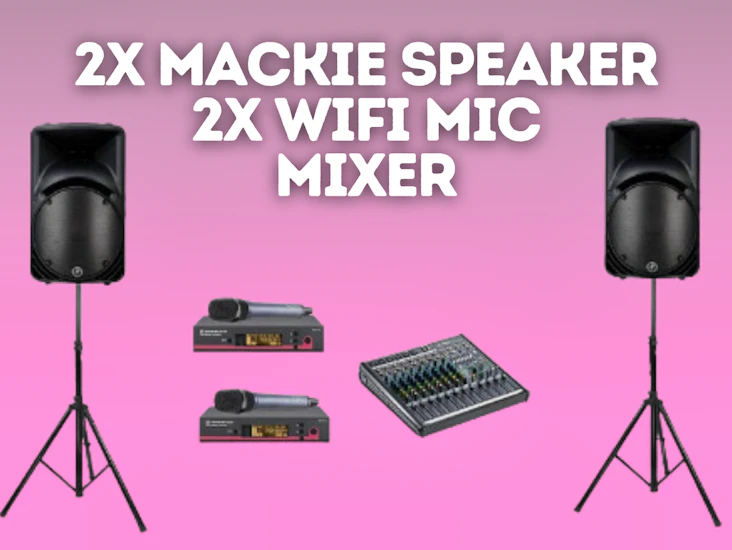 2x mackie speaker, 2x wifi microphones, mixer