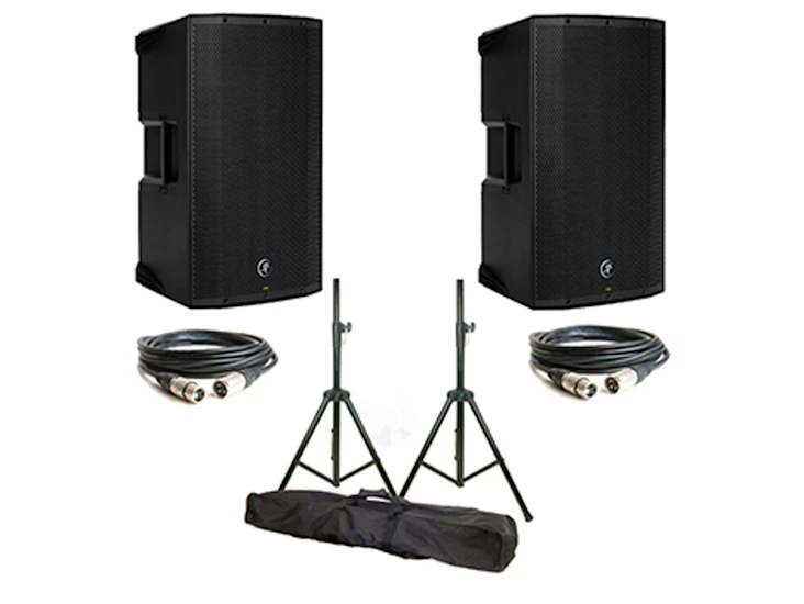2x mackie thump15a active pa speakers with stands | dj / band / singer