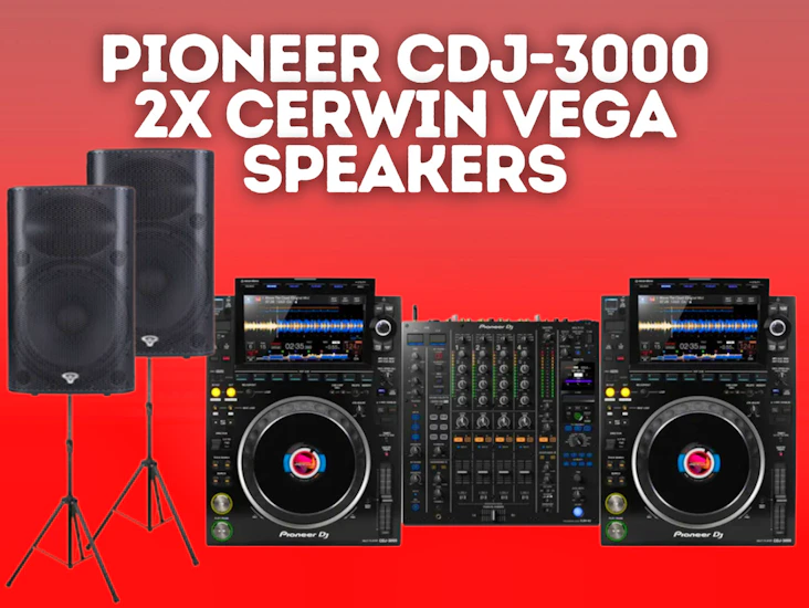 2x pioneer cdj-3000 + djm-a9 mixer + 2x cerwin vega speakers
