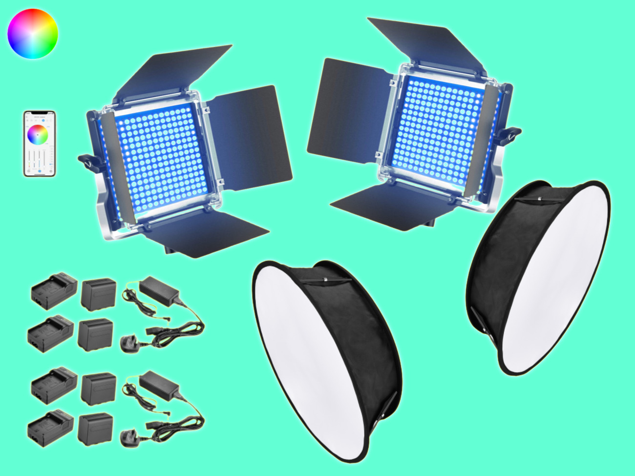 2x rgb led video light battery, softbox app control