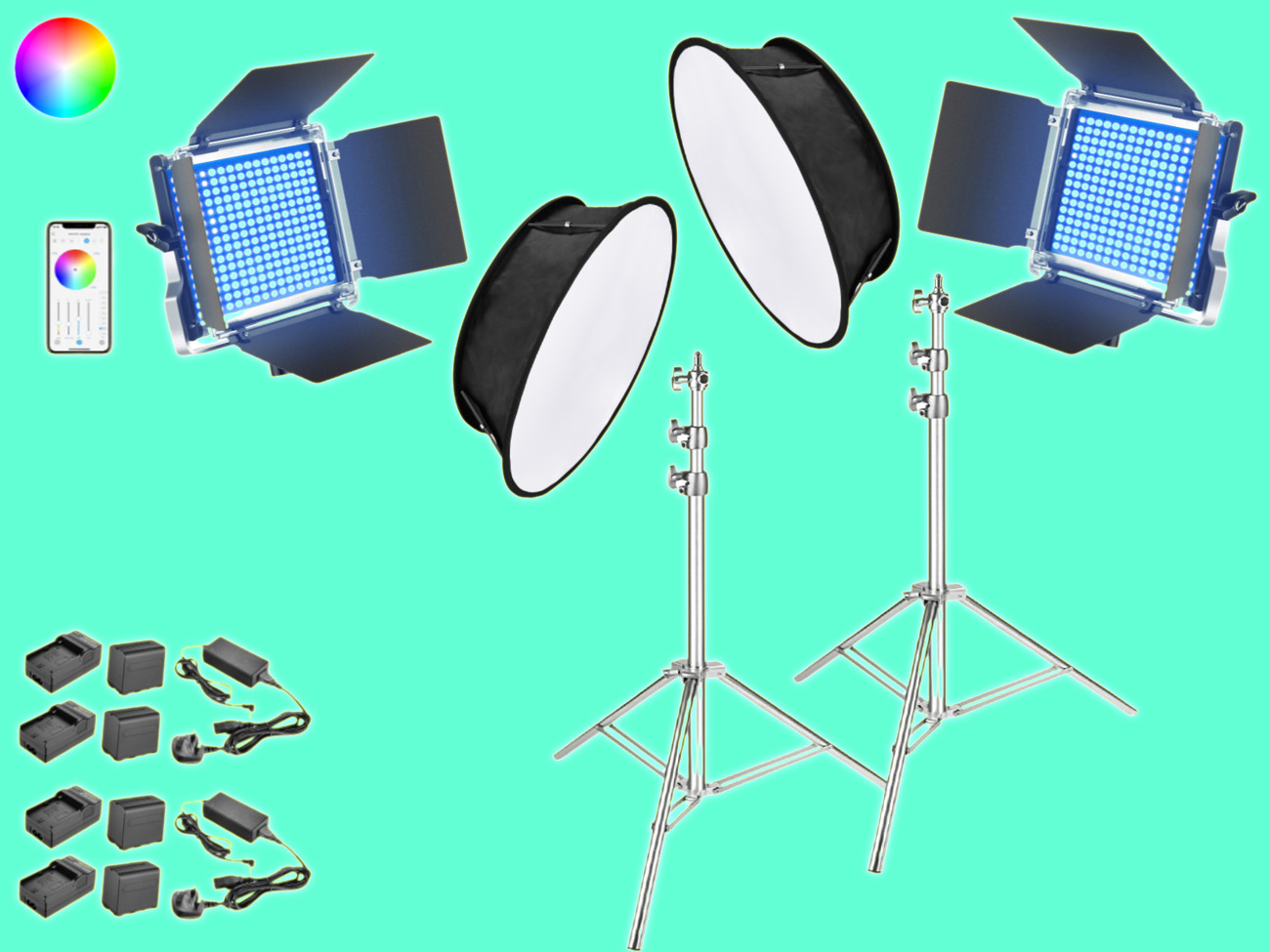 2x rgb led video light battery, stand, softbox app control