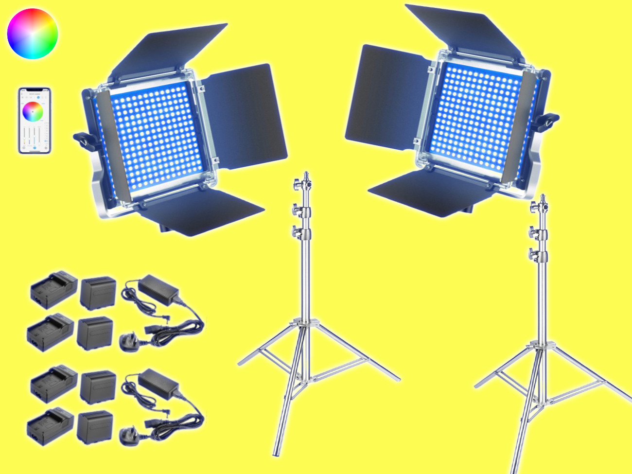 2x rgb led video light panel battery, stand, app control