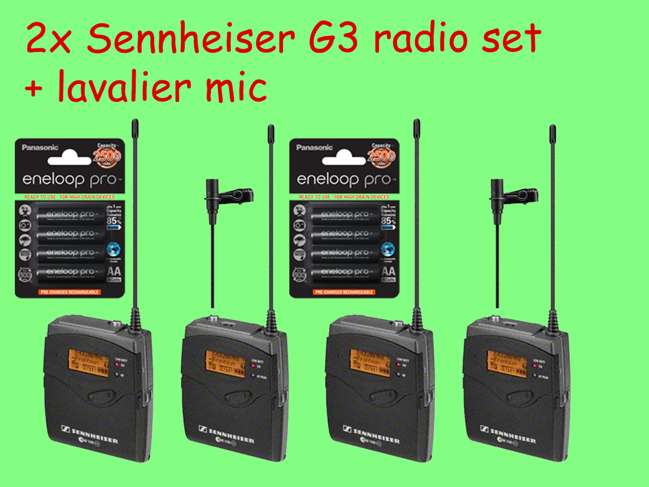 2x sennheiser g3 wireless radio kit + lav mic + aa batteries