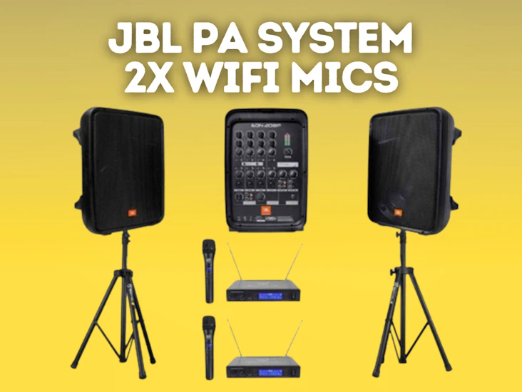 2x speakers + 2x wifi microphones - jbl pa system