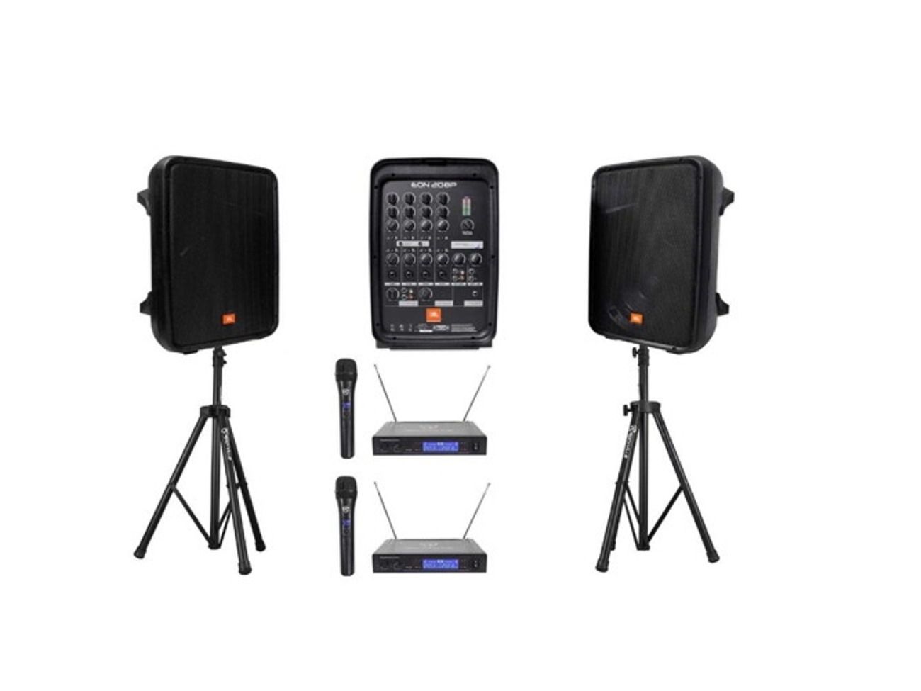 2x speakers + 2x wifi microphones - cordless mic - jbl pa system