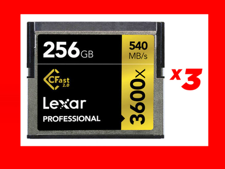 (3) lexar 256gb 3600x cfast 2.0 cards—not sandisk angelbird