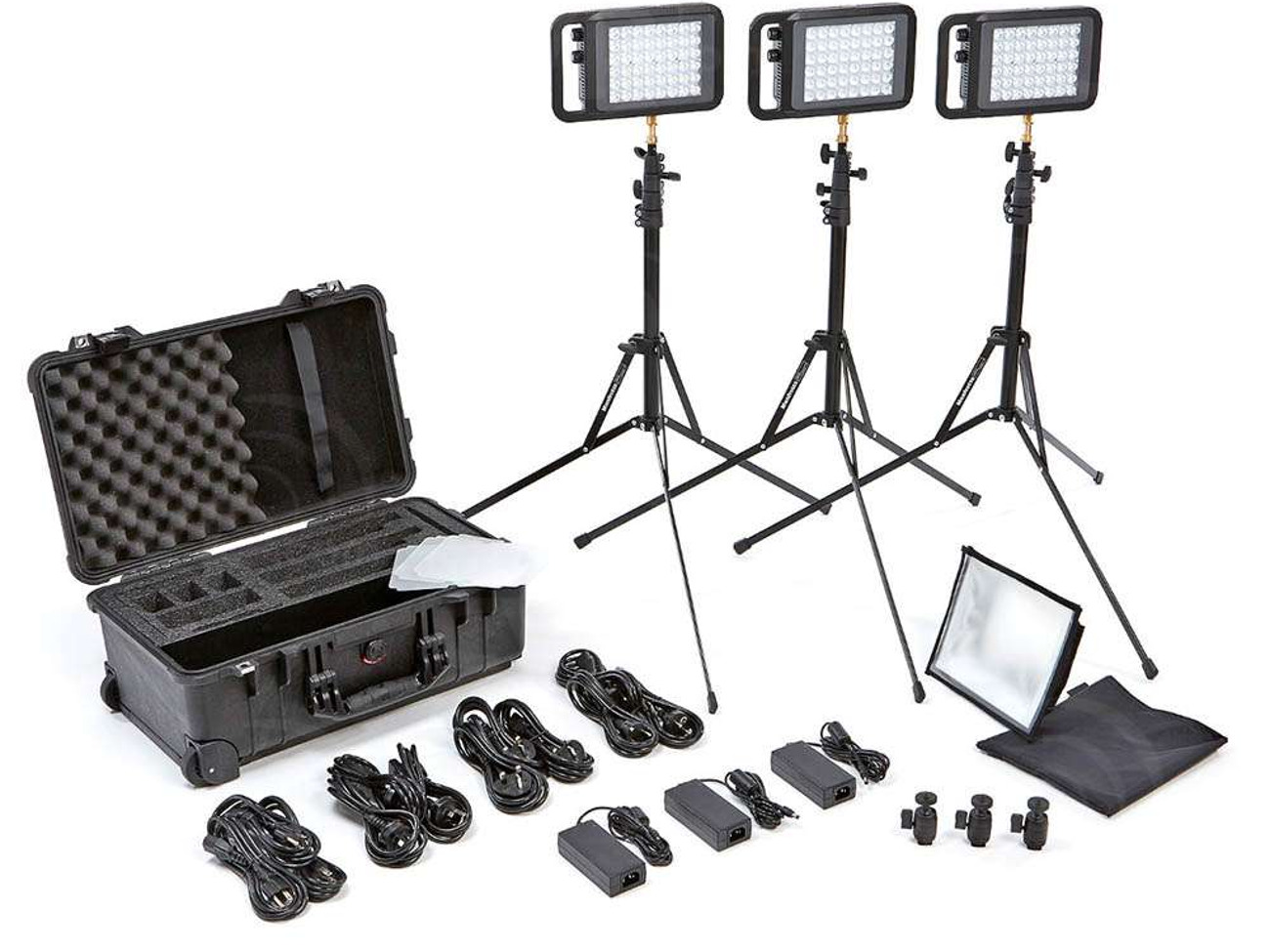 3* bi-color led panel lights with battery & mains ac in a compact travel case