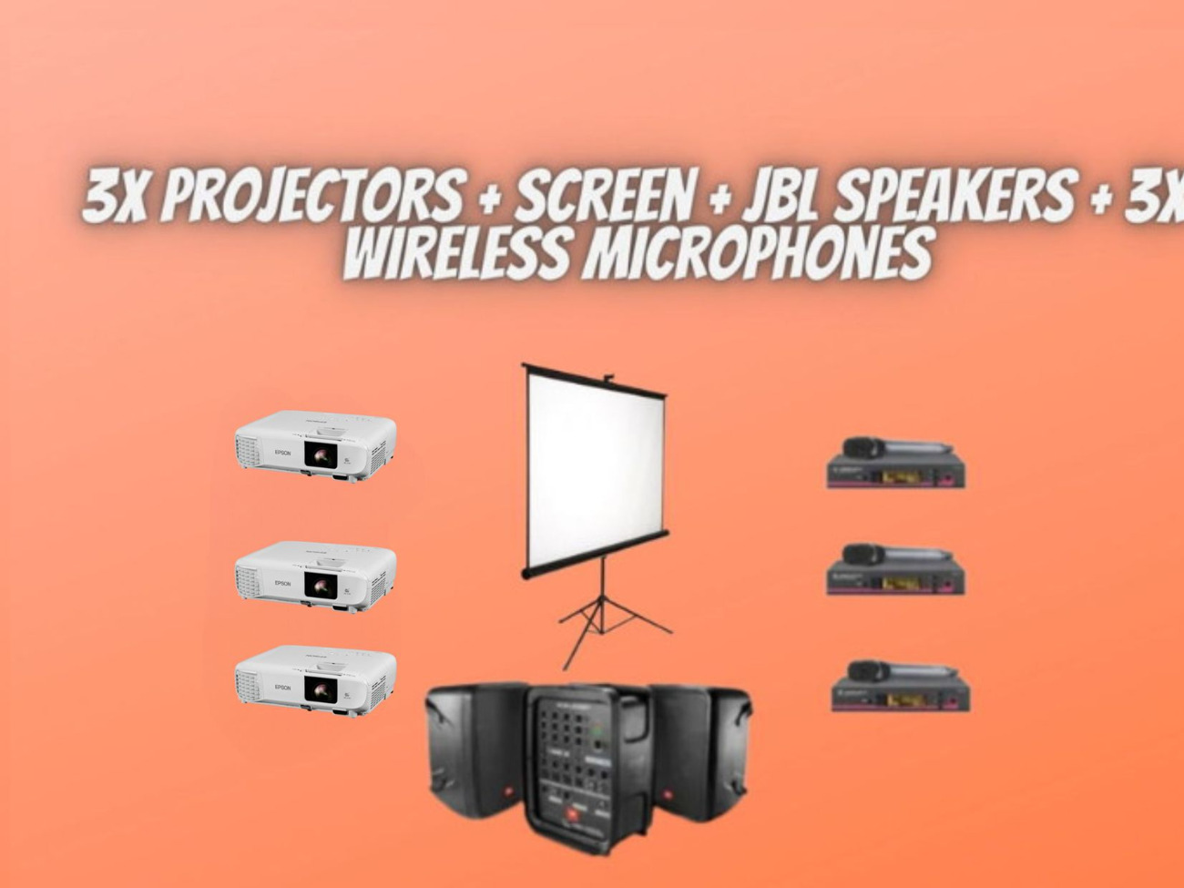 3 projectors + screen + jbl speakers + 3x wireless microphones