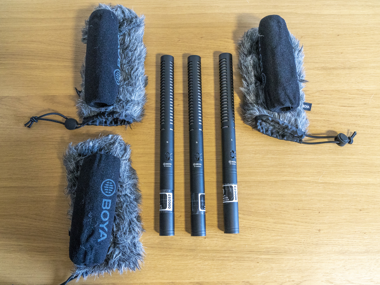 3 x shotgun mics with deadcats & shock mounts
