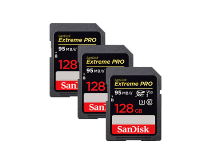 3x 128gb sandisk extreme pro sd card package
