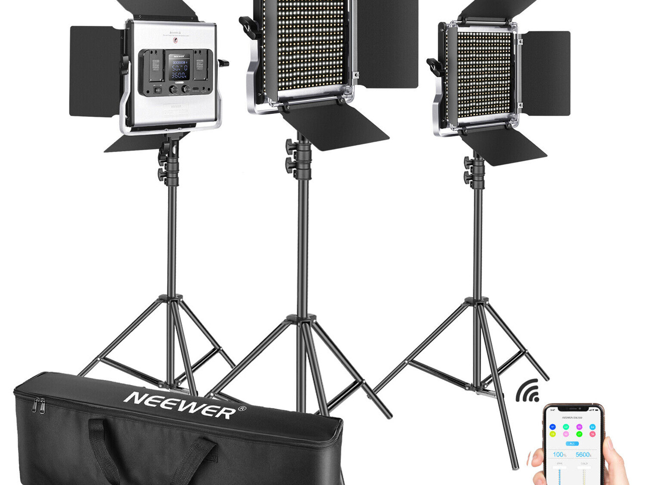 3x bicolour dimmable video led lights (neweer) with stands