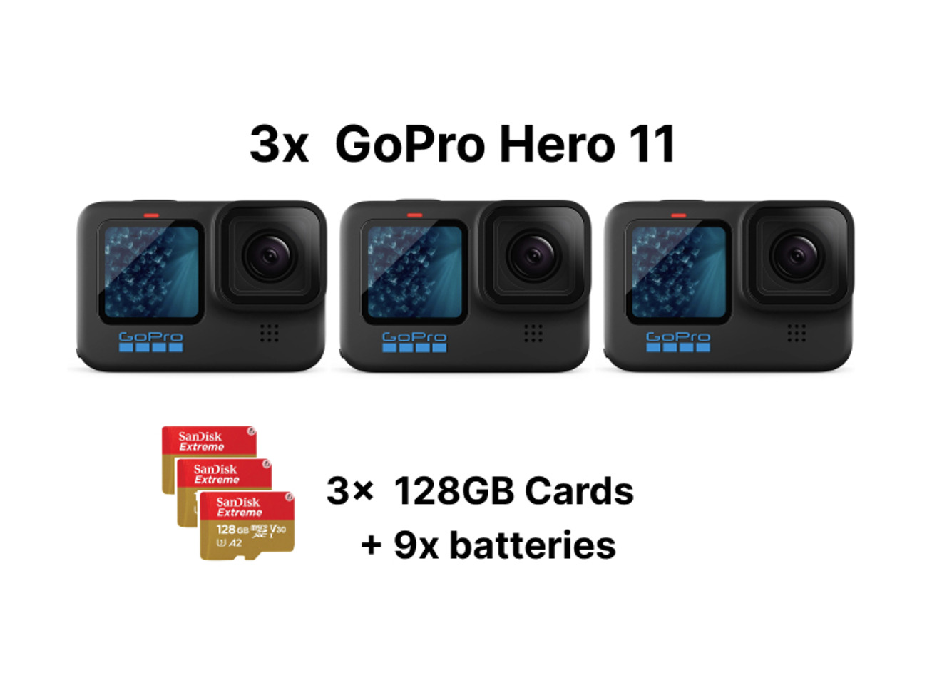 3x gopro hero 11 with 128gb sd cards