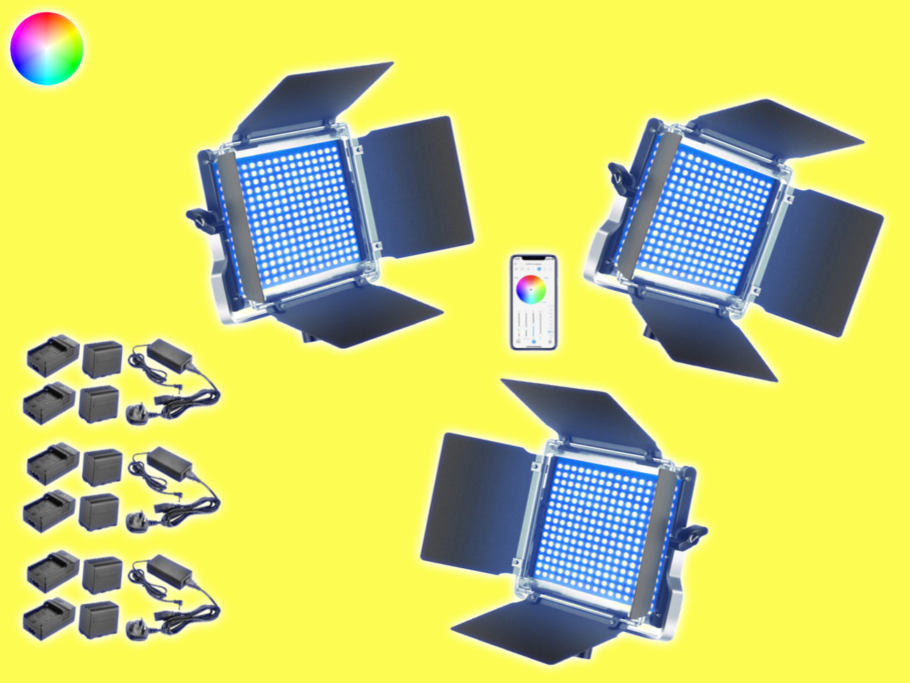 3x rgb led panel video light, battery,