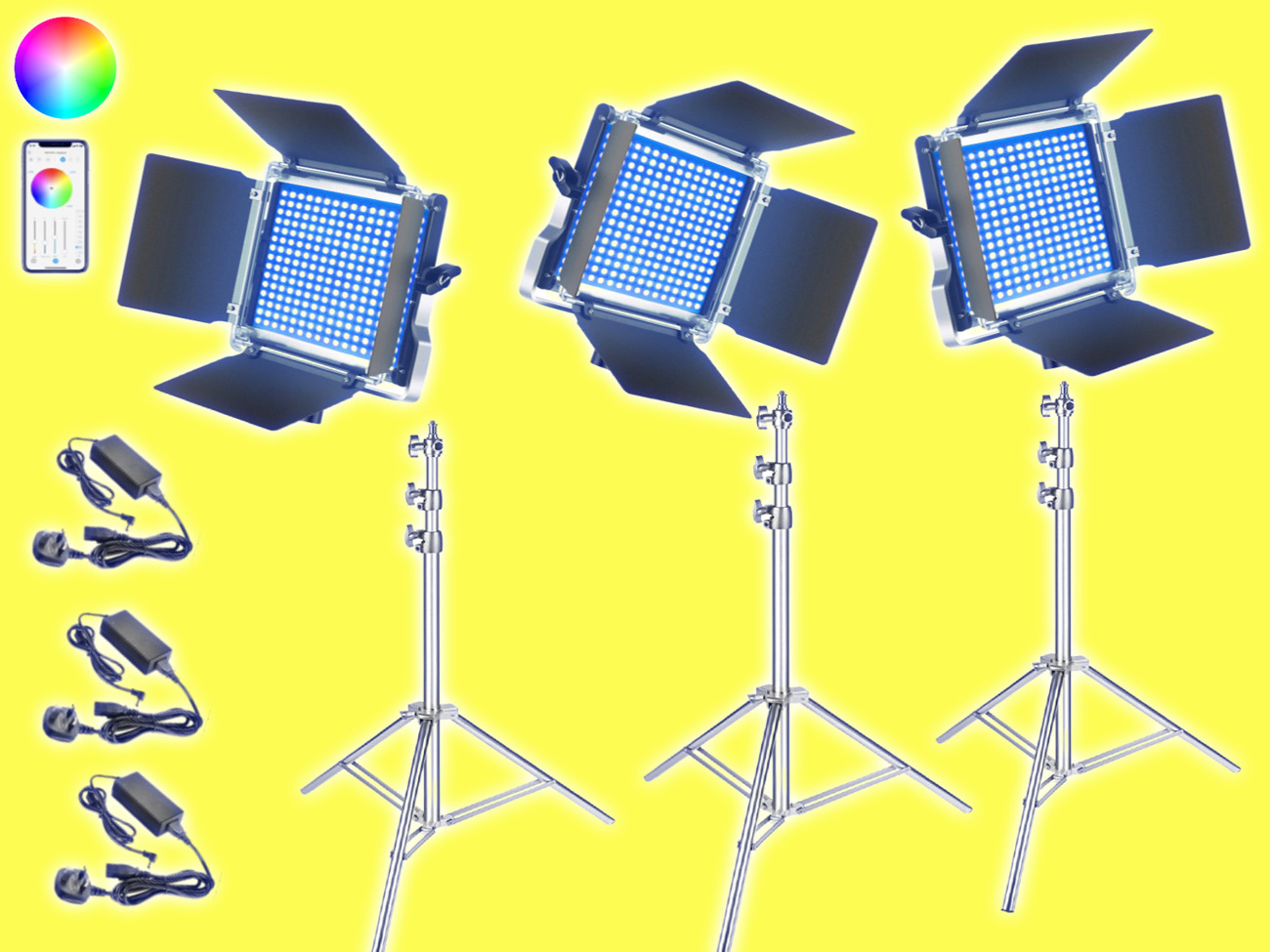 3x rgb led light video led panel, stands  app controlled