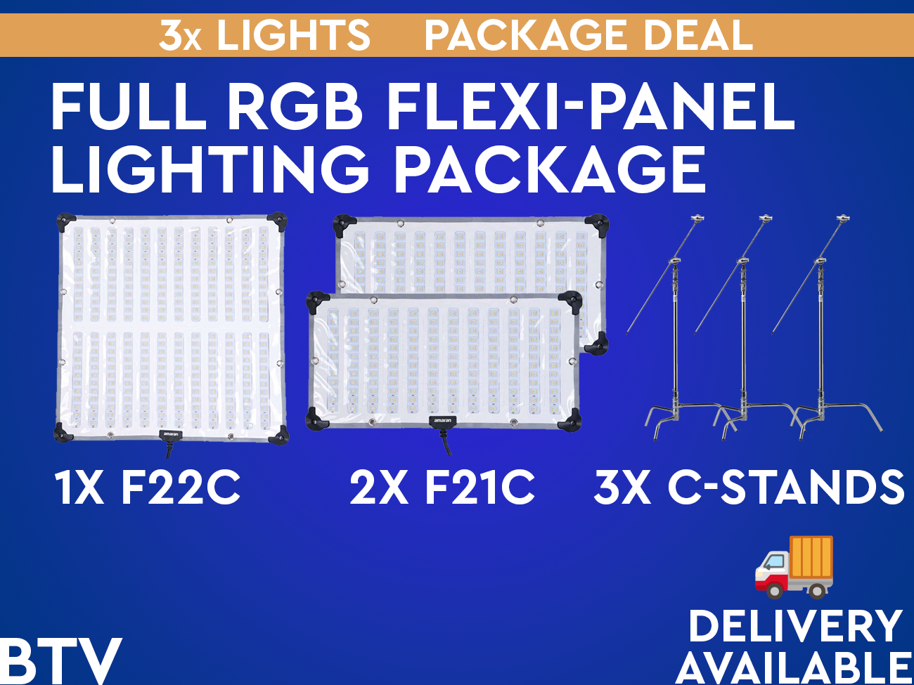 3x rgb lights + 3x c-stands - aputure amaran f22c & 2x f21c - flexible light mats