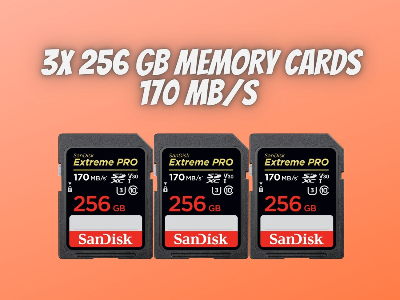3x sandisk extreme pro 256 gb memory card, up to 170 mb/s
