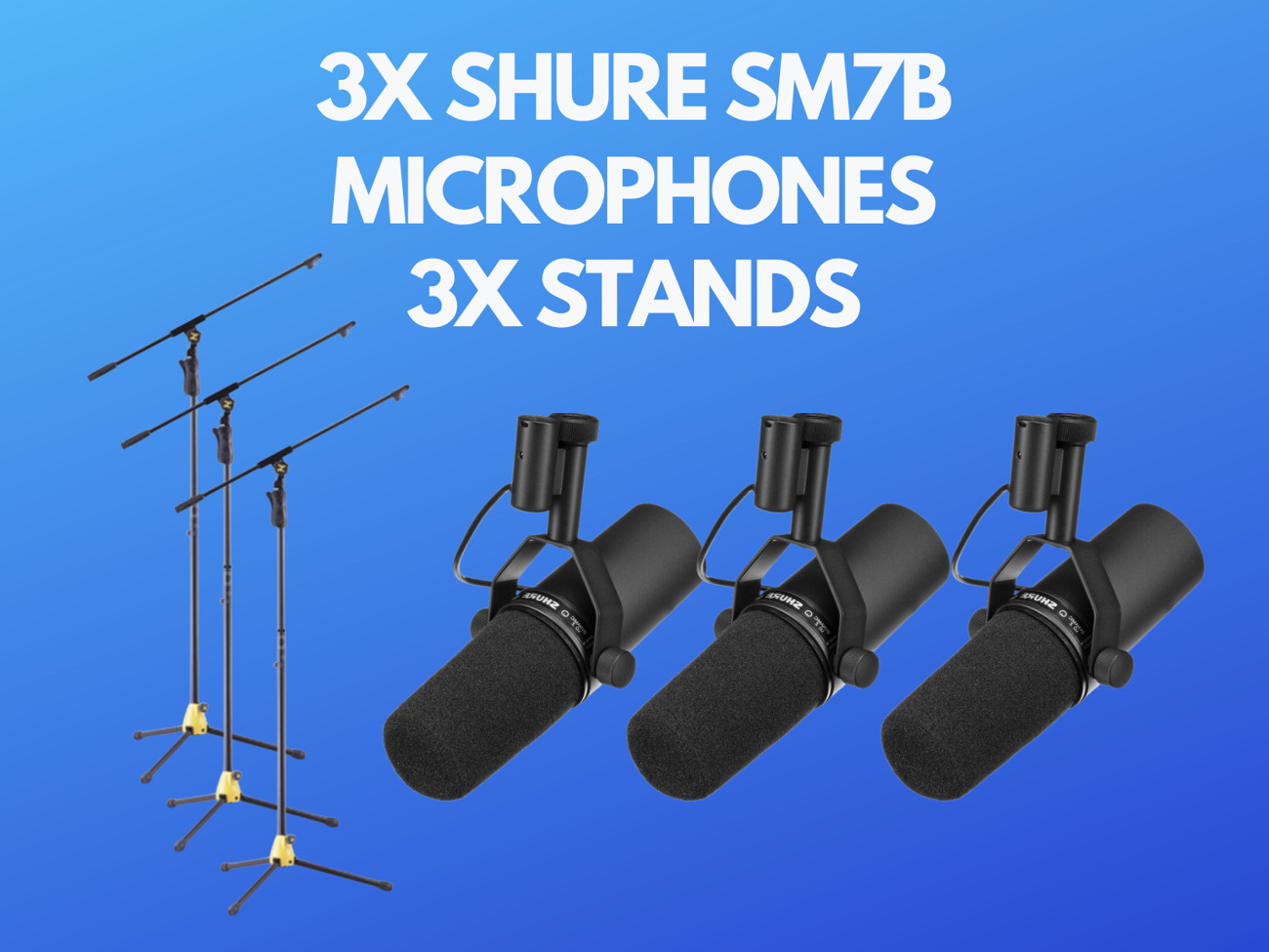 3x shure sm7b studio microphone + 3x stands