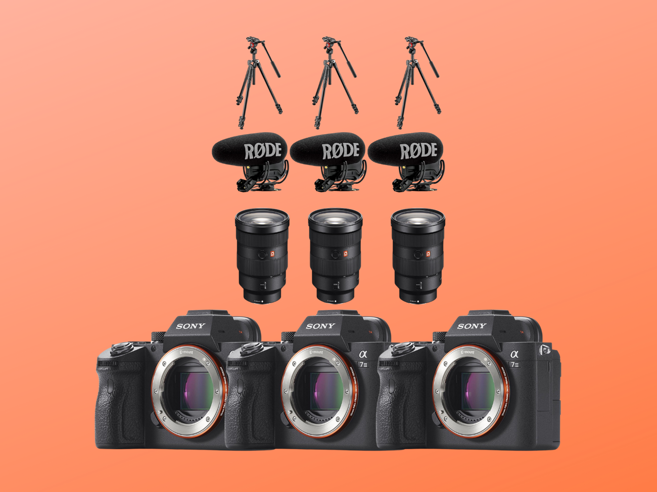 3x sony a73 + 3x 24-70 + rode videomic pro+ + 3x tripods