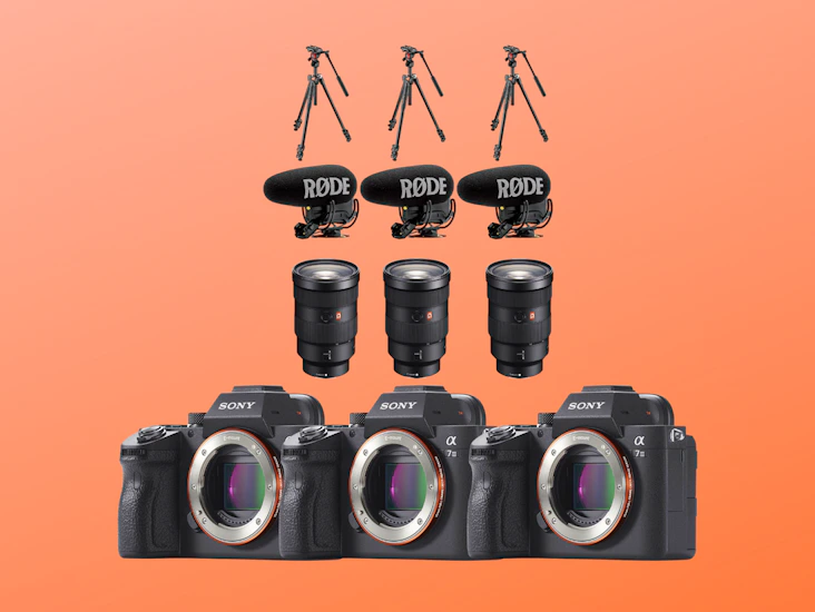 3x sony a73 + 3x 24-70 + rode videomic pro+ + 3x tripods