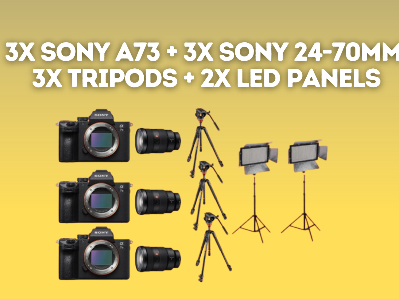 3x sony a73 iii + 3x sony 24-70mm + 3x tripod + 2x led light