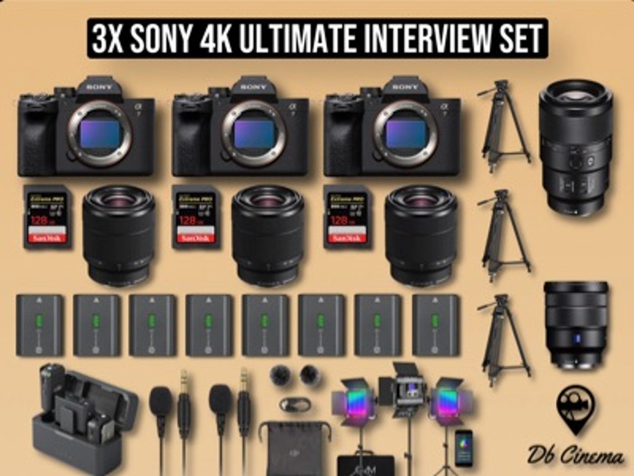 3x sony a7iii 4k mirrorless camera + led lights + mics + tripod rode