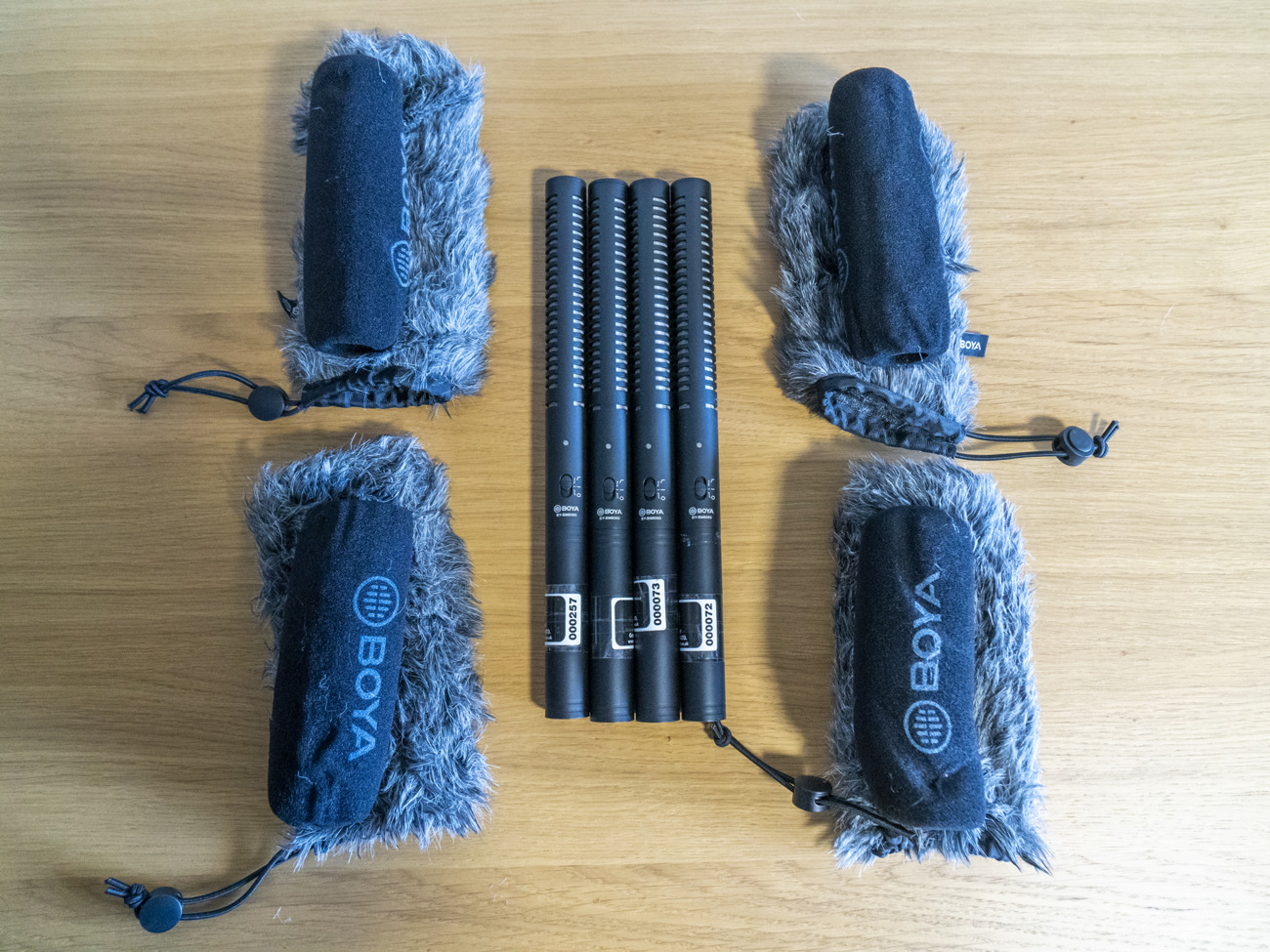 4 x shotgun mics with deadcats & shock mounts