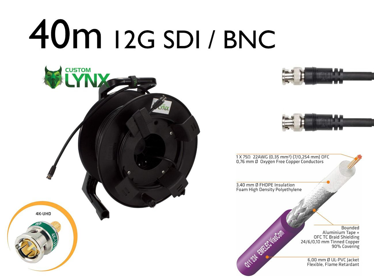 40m 12g sdi / bnc 4k cable drum, high quality video / aux