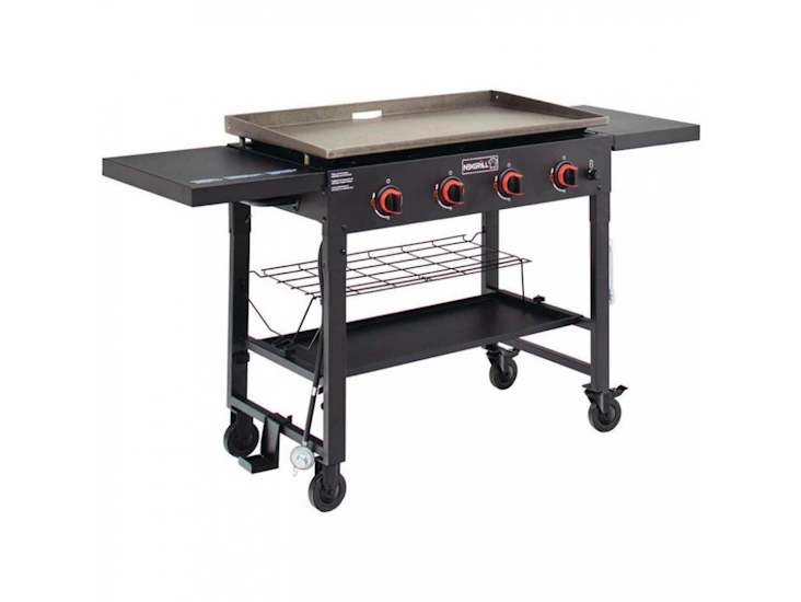 4-burner propane gas grill in black with griddle top - rtp