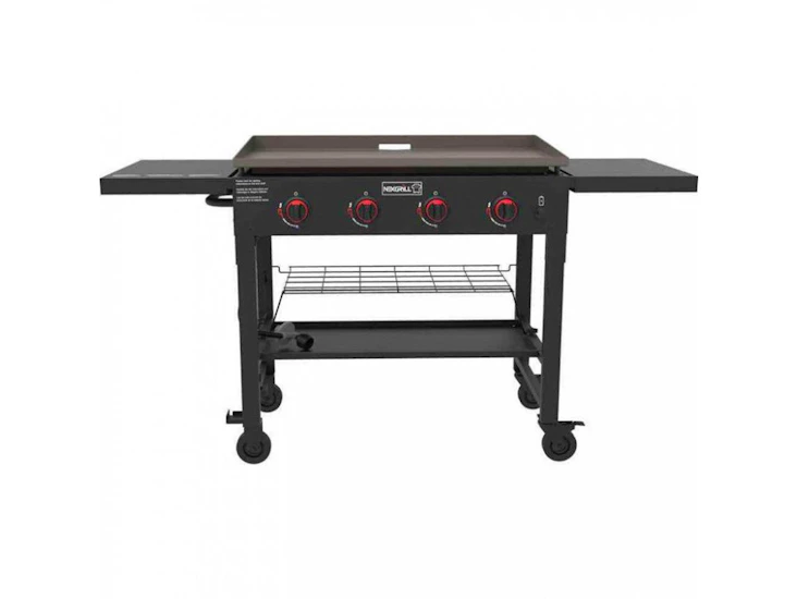 4-burner propane gas grill in black with griddle top
