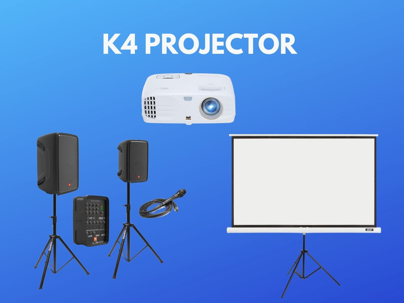 4k  projector + screen 2.5m x 1.5m + speakers 