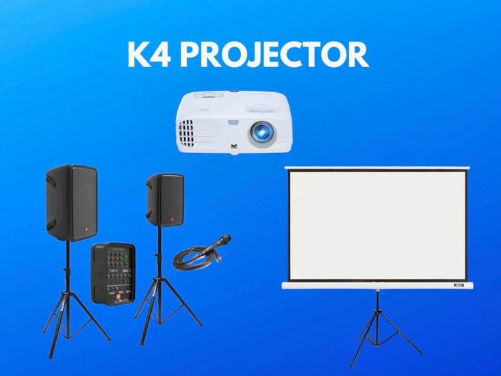 4k projector + screen 2.5m x 1.5m + speakers