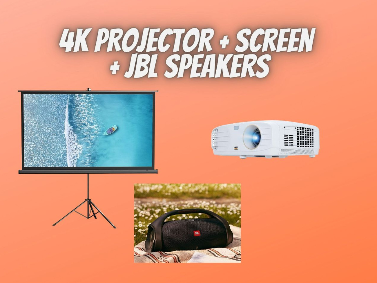 4k projector + projector screen + jbl speaker boombox2