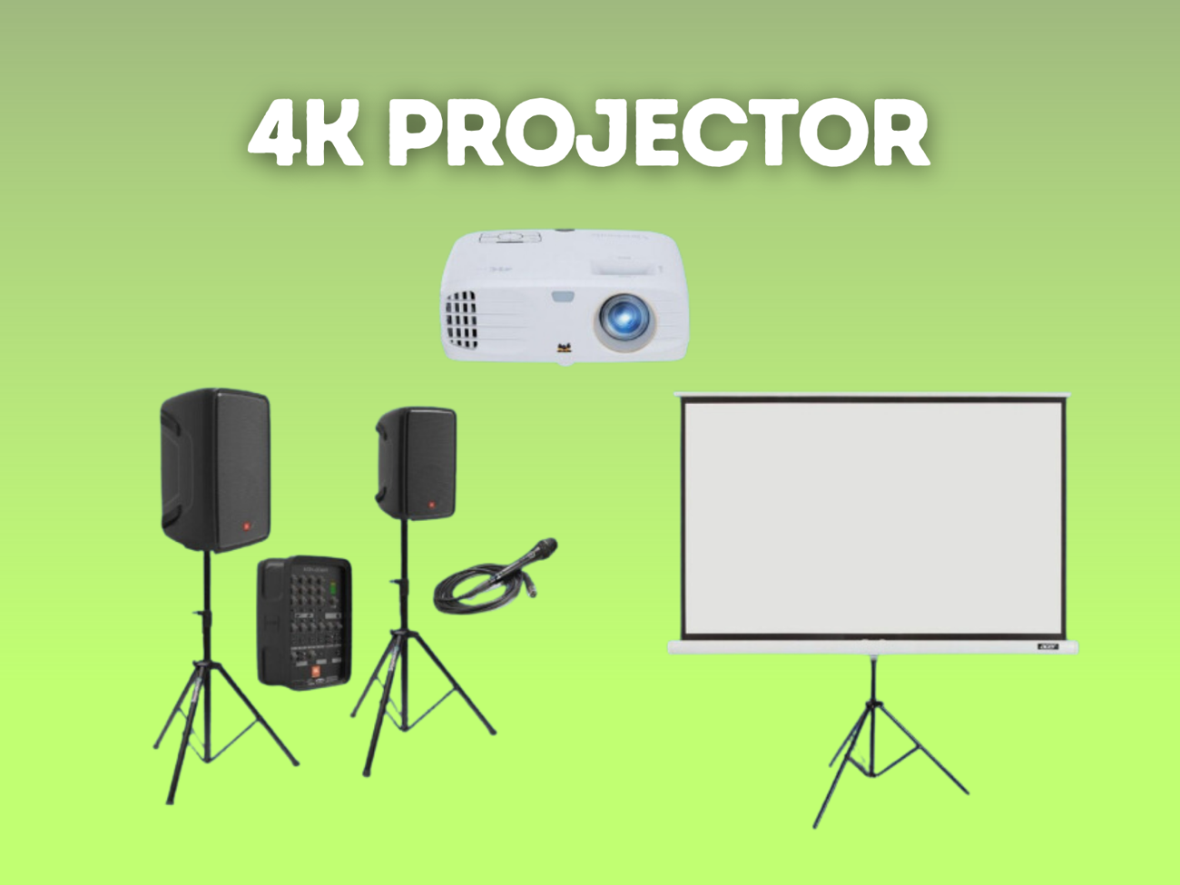 4k projector + screen 2.5m x 1.5m + speakers