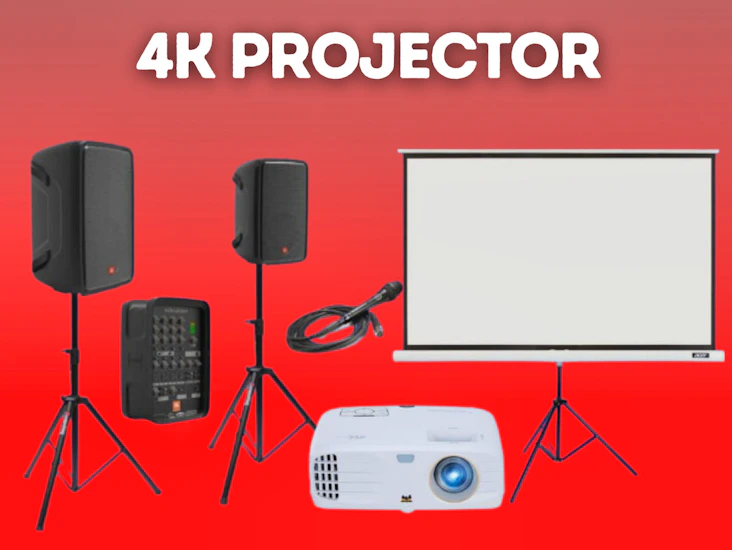 4k projector + screen 2.5m x 1.5m + speakers