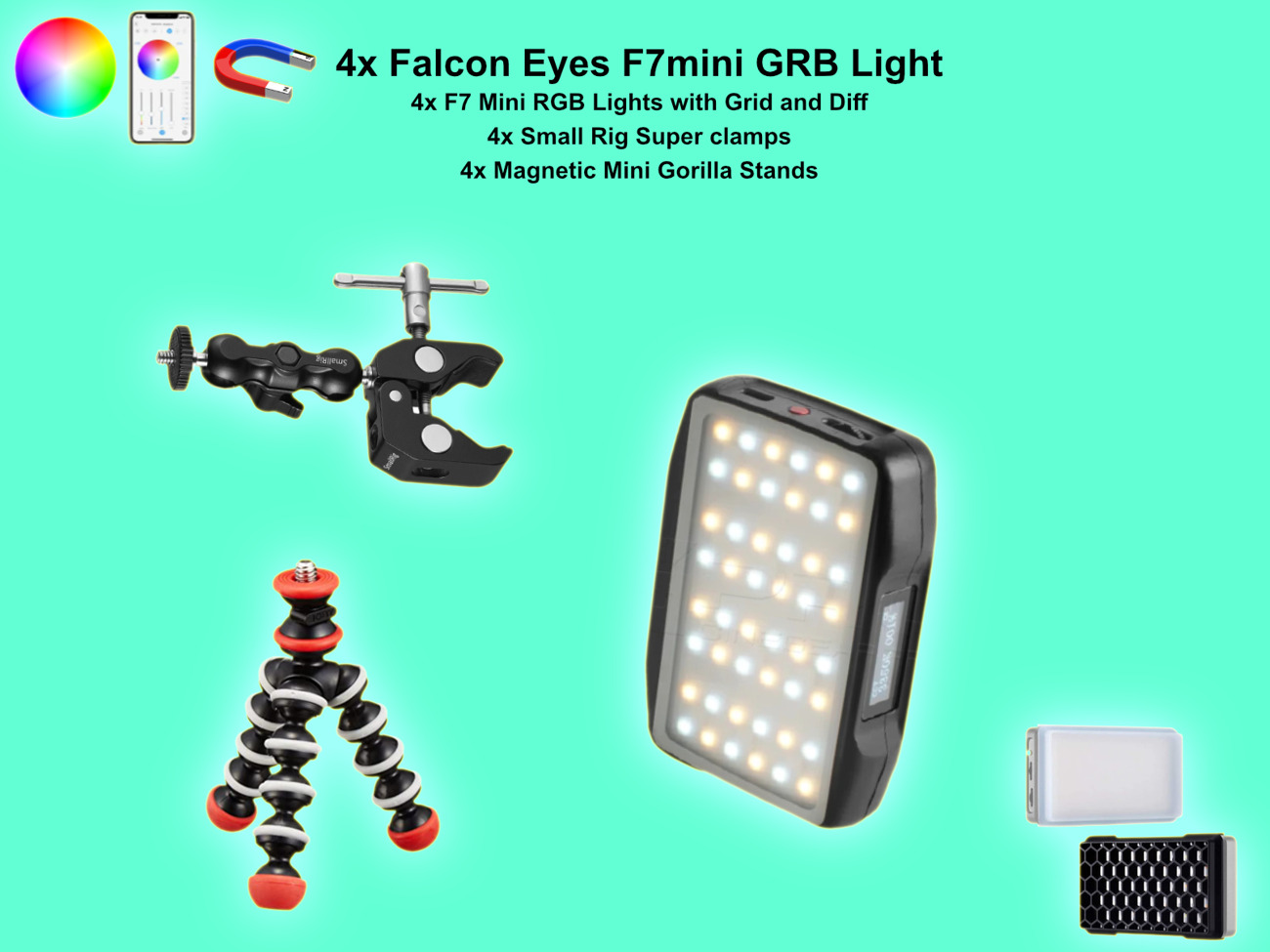 4x falcon eyes f7 mini rgb pocket light with clamp + stand