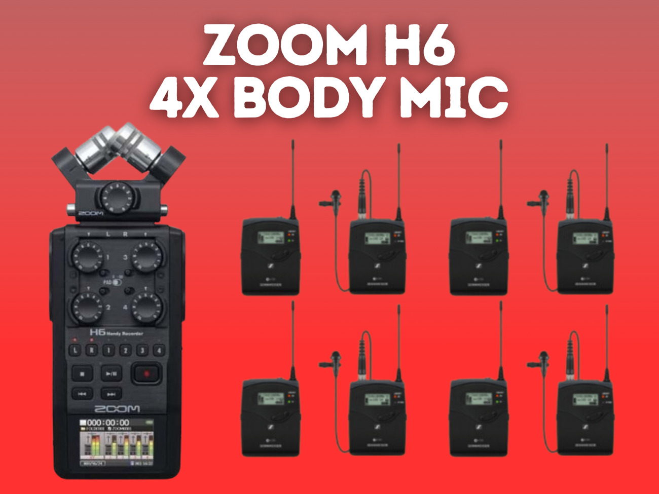 4x sennheiser g3 body, lapel clip microphone kit + zoom h6