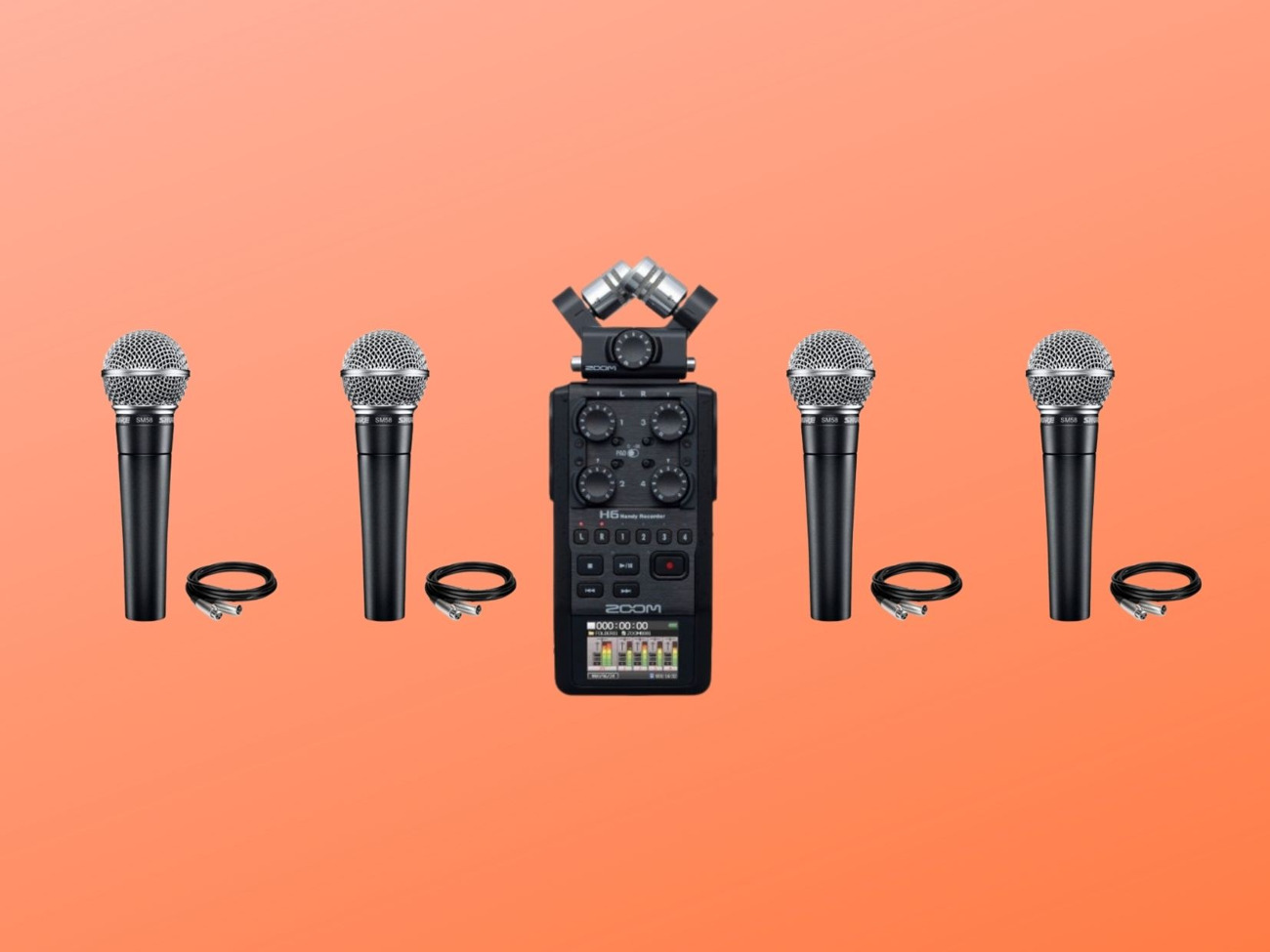4x shure sm58 + zoom h6 recorder + 4x xlr